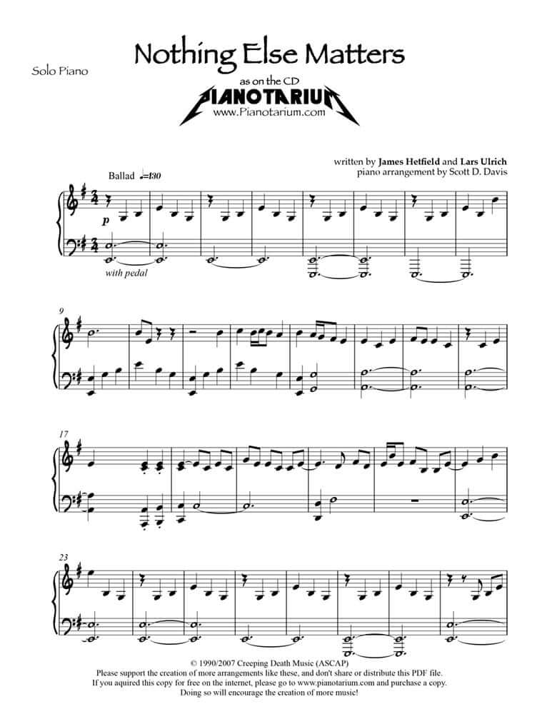 Nothing Else Matters – Piano Sheet Music Now Available