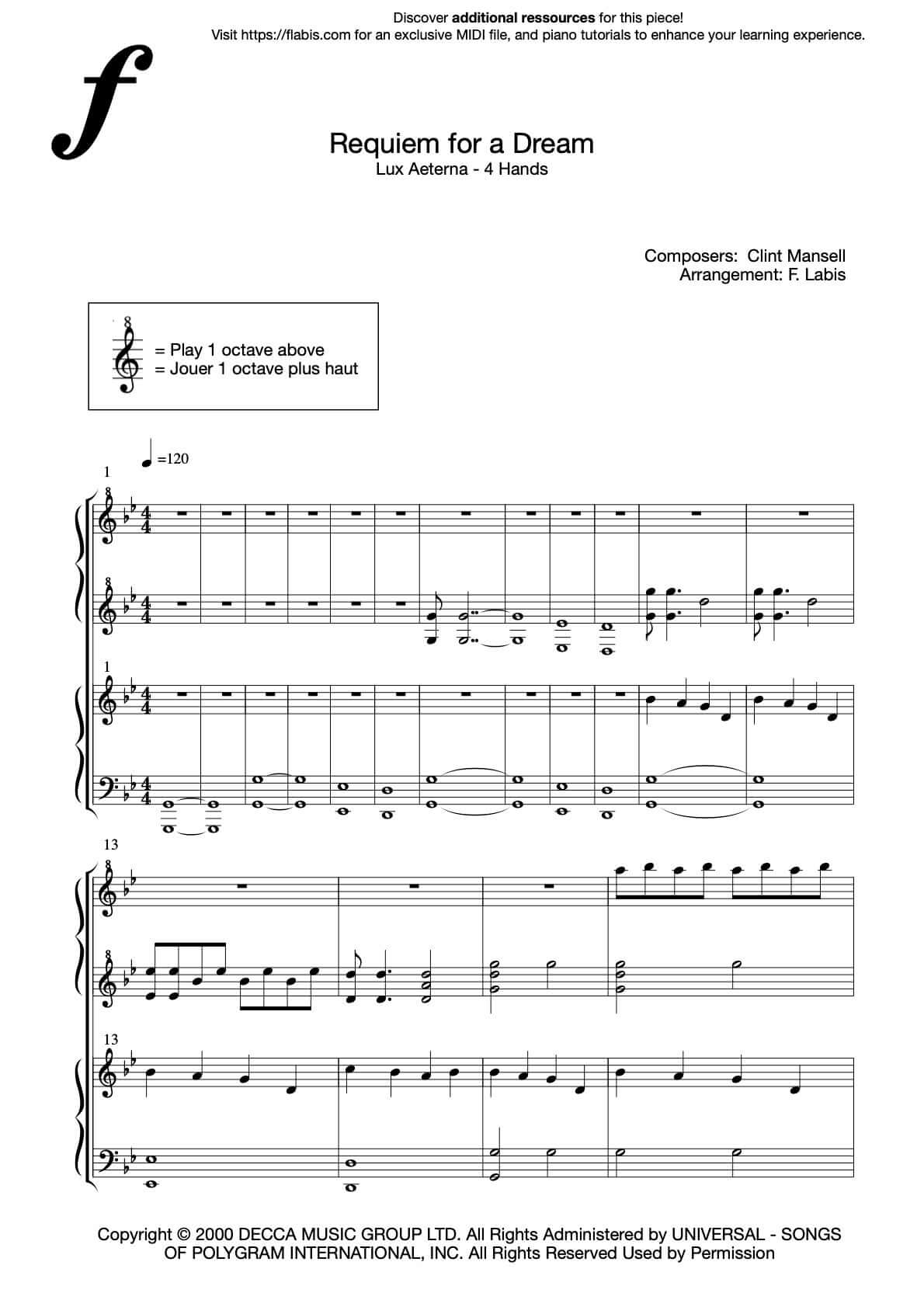 Requiem for a dream – Lux Aeterna - DUET Version – Piano Sheet Music Now Available