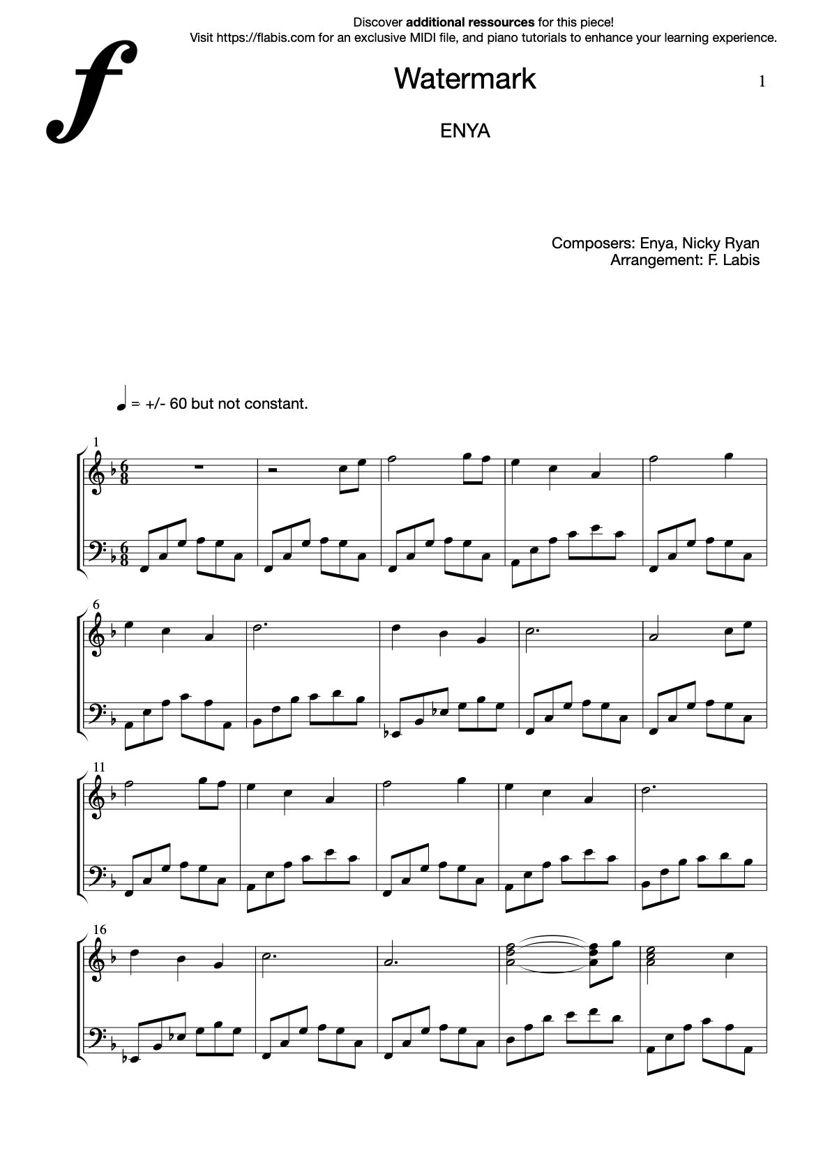 Watermark – Piano Sheet Music (PDF Download)