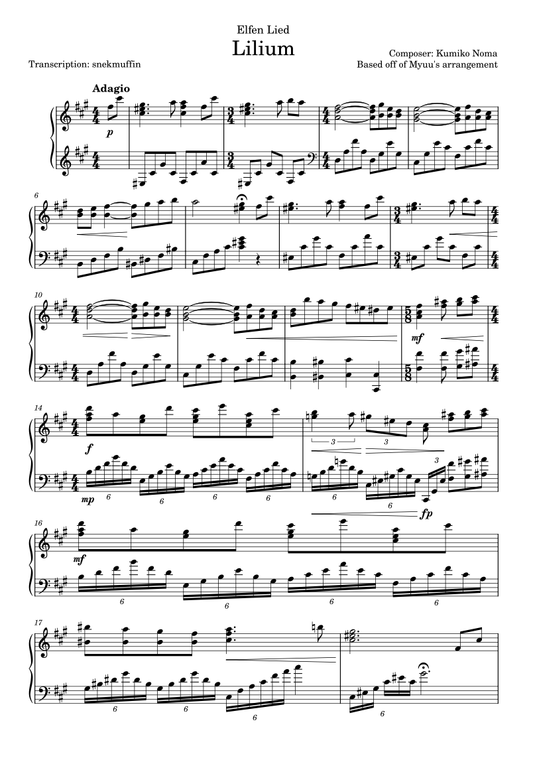 Opening Theme: Elfen Lied ” Lilium “ – Piano Sheet Music (PDF Download)