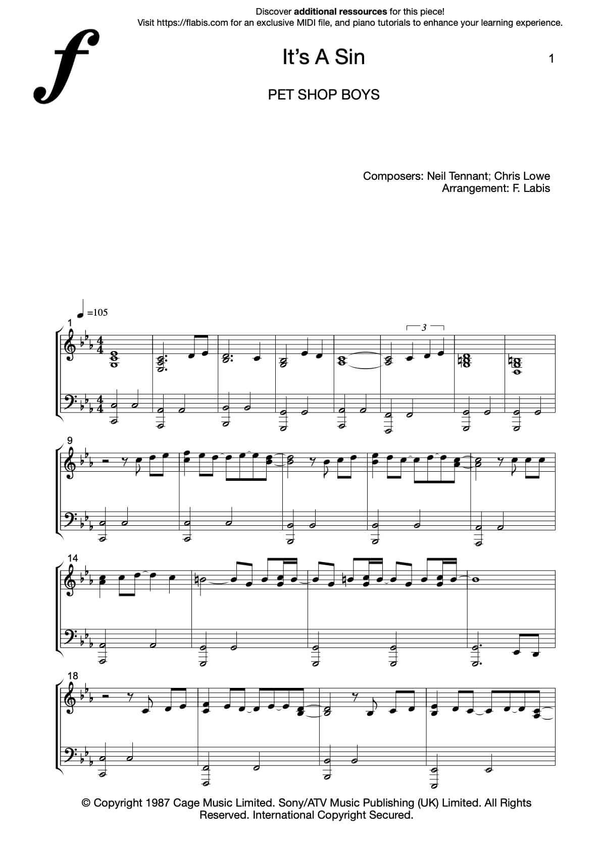It's a Sin – Pet Shop Boys - Piano Sheet Music (PDF Sheet Music)