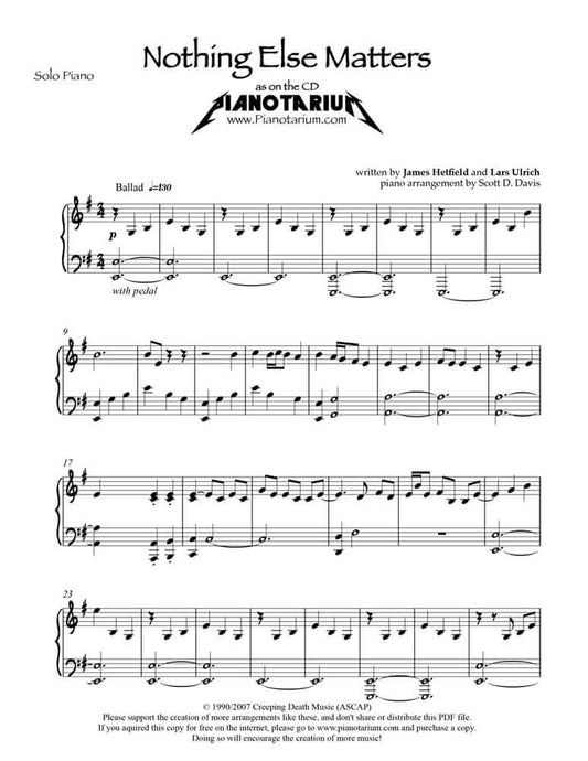 Nothing Else Matters – Piano Sheet Music Now Available