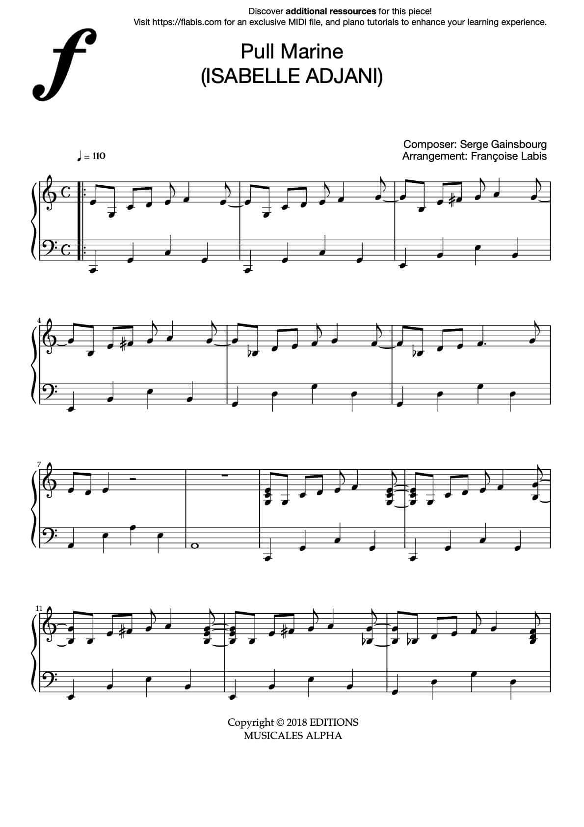 Pull Marine – Isabelle Adjani - Piano Sheet Music (PDF Download)