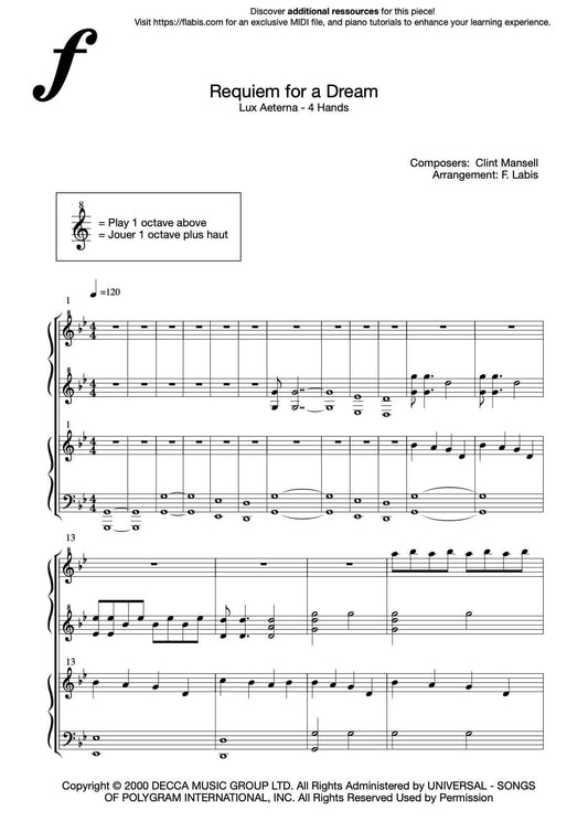Requiem for a dream – Lux Aeterna - DUET Version – Piano Sheet Music (PDF Download)