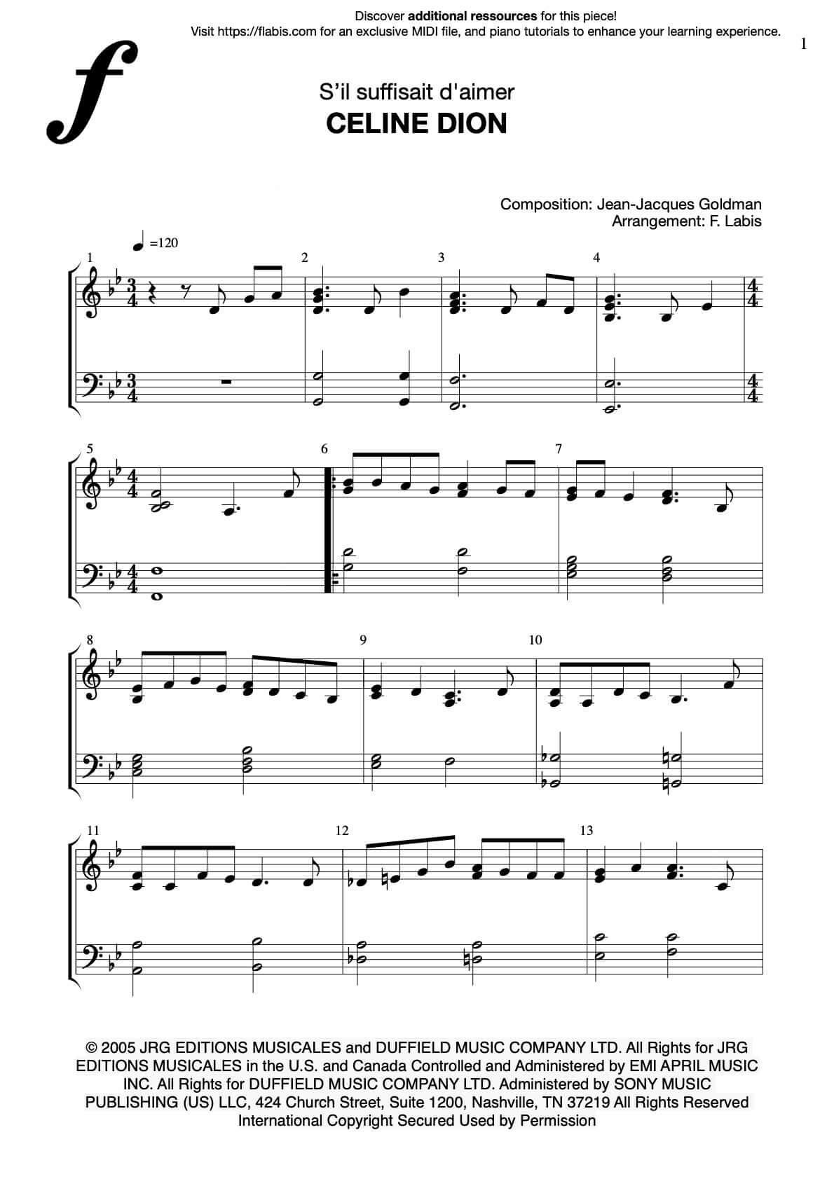 S'il suffisait d'aimer - Céline Dion  - Piano Sheet Music (PDF Download)