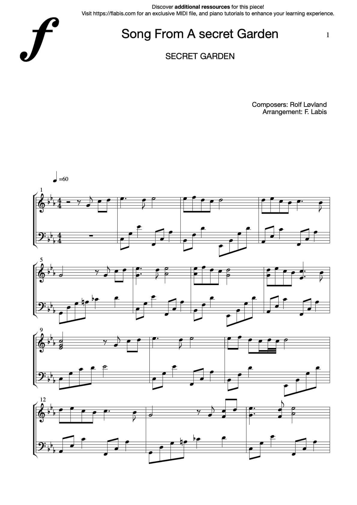 Song from a Secret Garden – Piano Sheet Music (PDF Download)