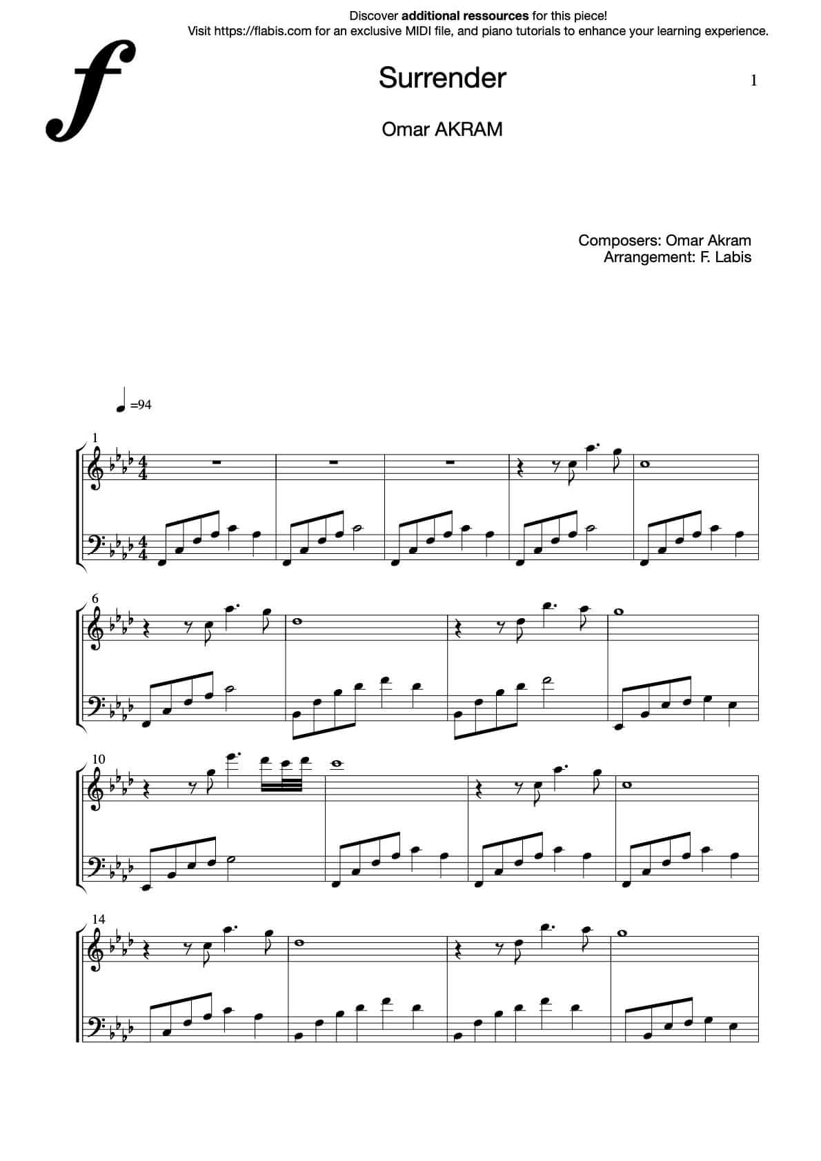 Surrender – Piano Sheet Music Now Available