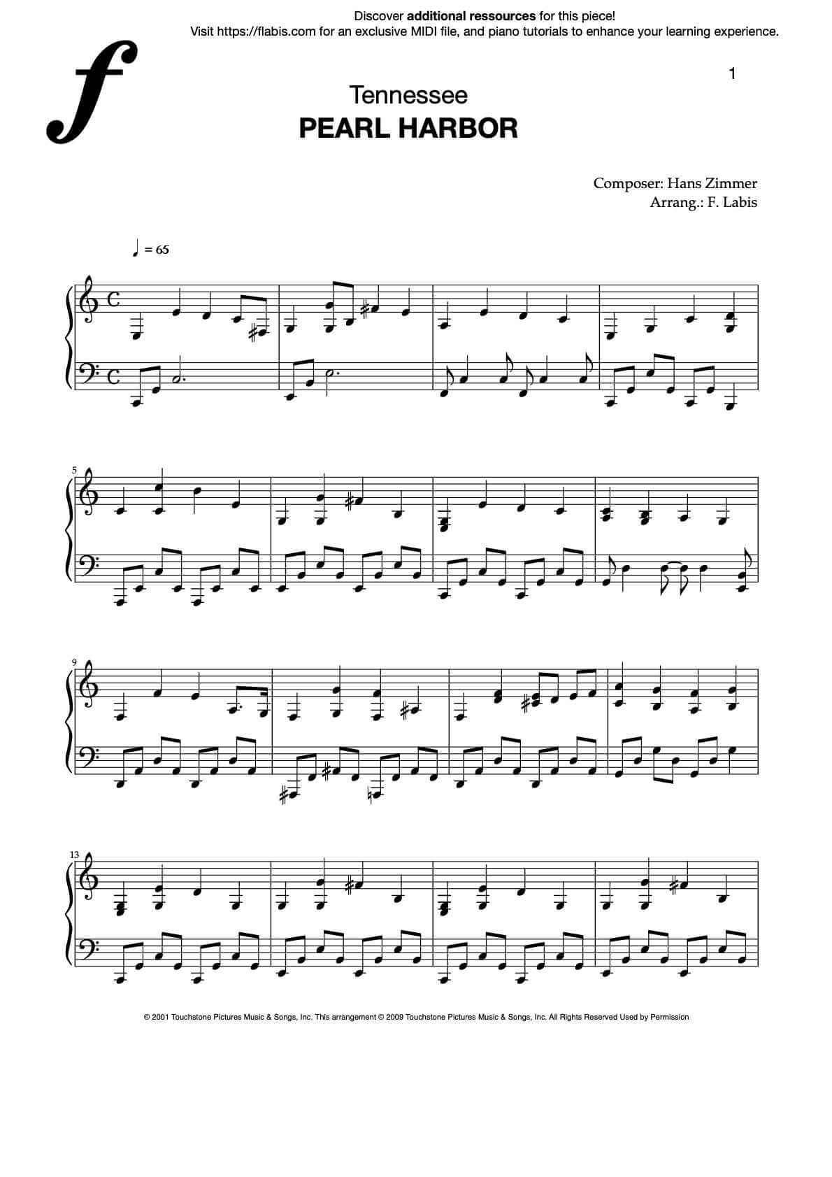 Tennessee - Pearl Harbor - Hans Zimmer  - Piano Sheet Music (PDF Download)