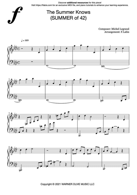 The Summer Knows - Michel Legrand  - Piano Sheet Music (PDF Download)