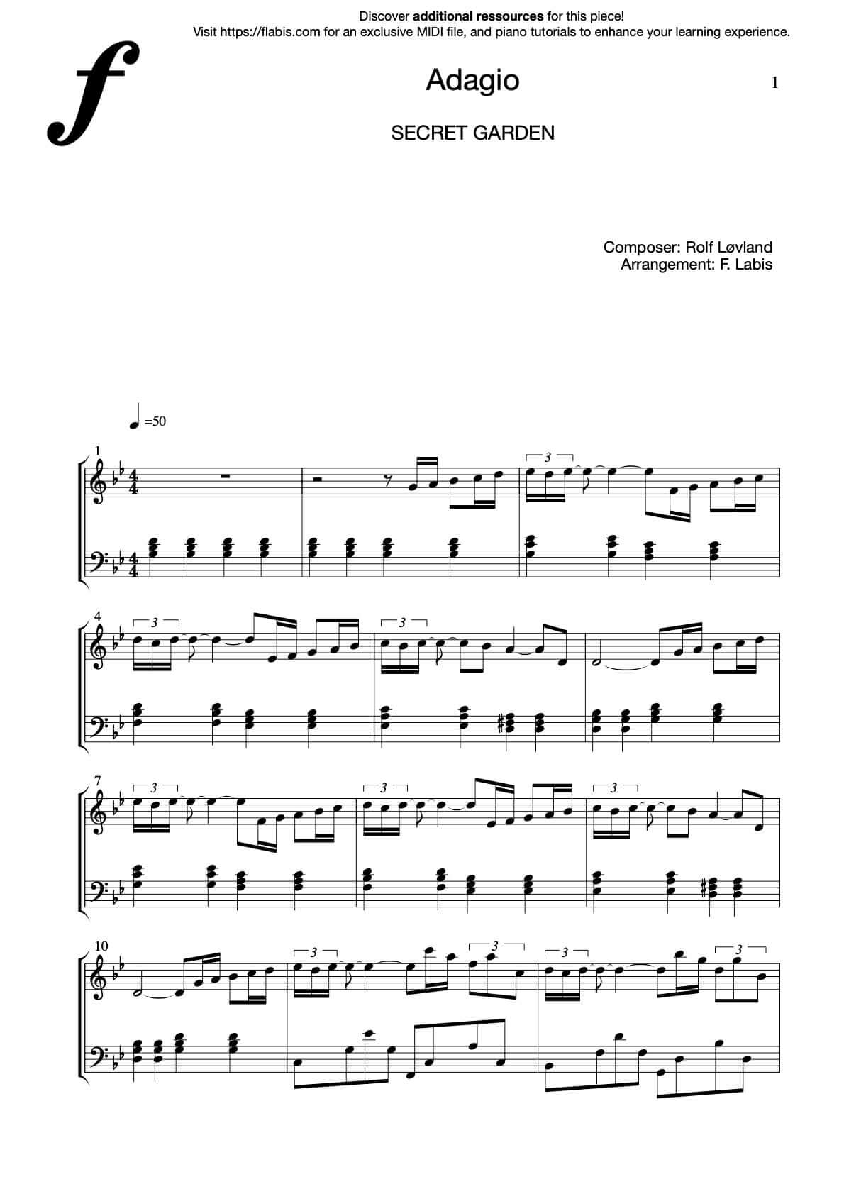 Adagio – SECRET GARDEN – Piano Sheet Music