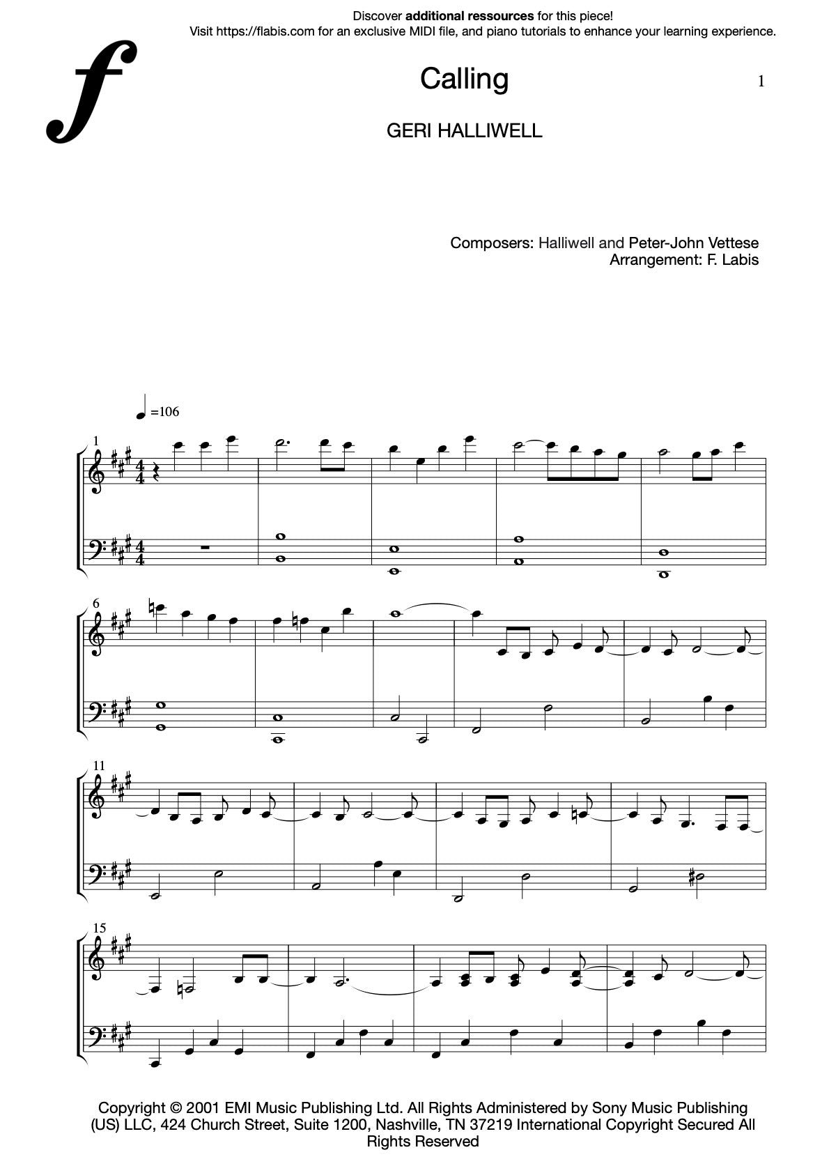 Calling – GERI HALLIWELL – Piano Sheet Music
