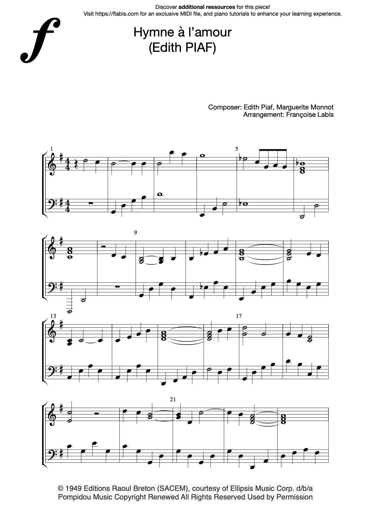 Hymne à l'amour – EDITH PIAF – Piano Sheet Music Download