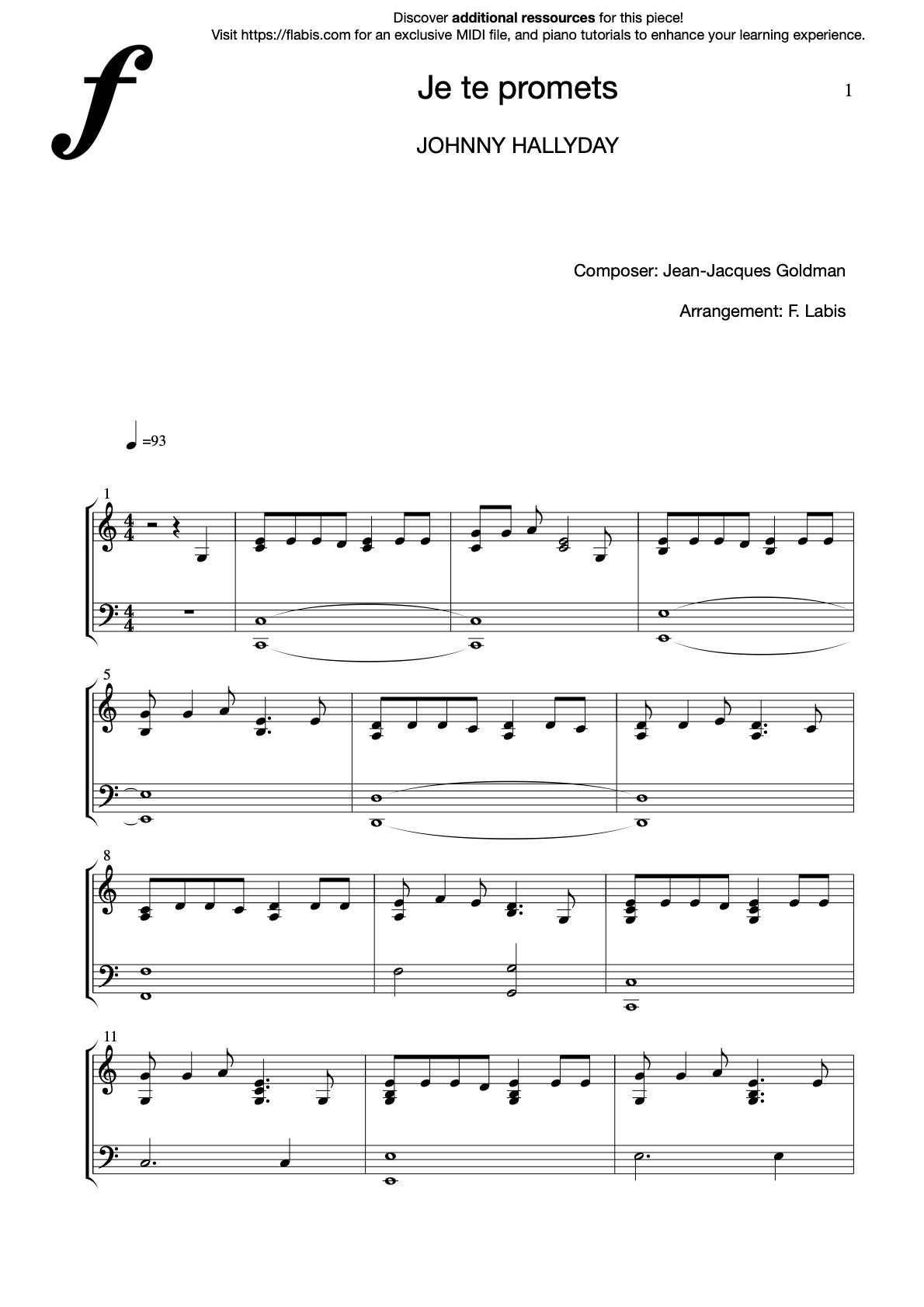 Je te promets – JOHNNY HALLYDAY – Piano Sheet Music