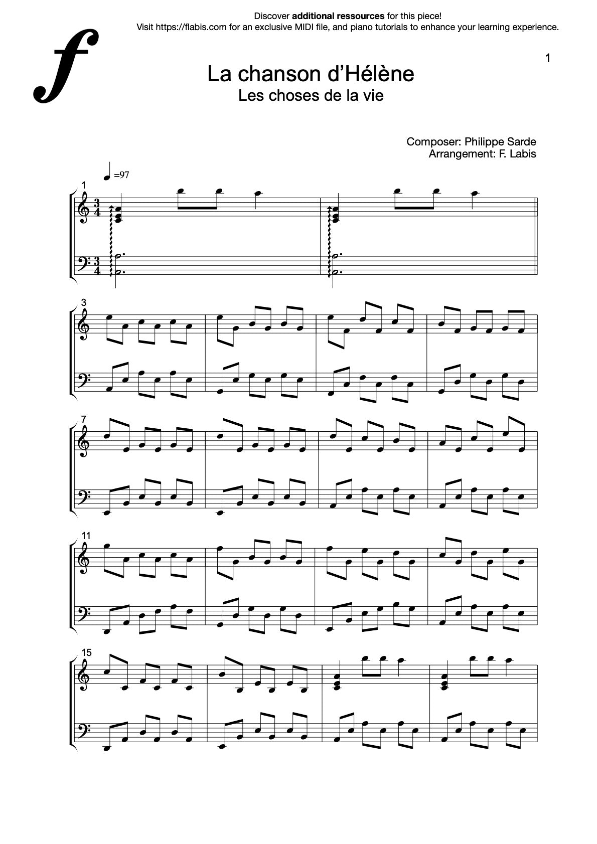 La chanson d’Hélène – Piano Sheet Music (PDF Download)