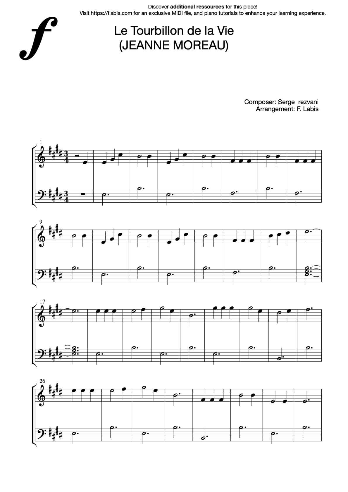 Le tourbillon – JEANNE MOREAU – Piano Sheet Music Download