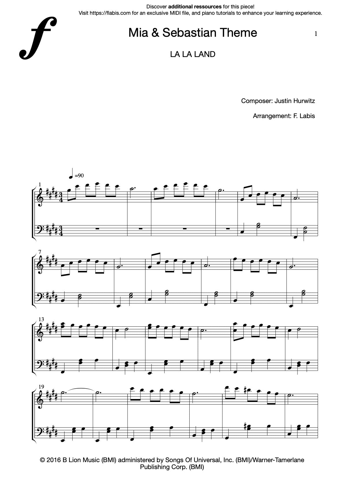 La La Land – Mia Sebastian’s Theme – JUSTIN HURWITZ – Piano Sheet Music