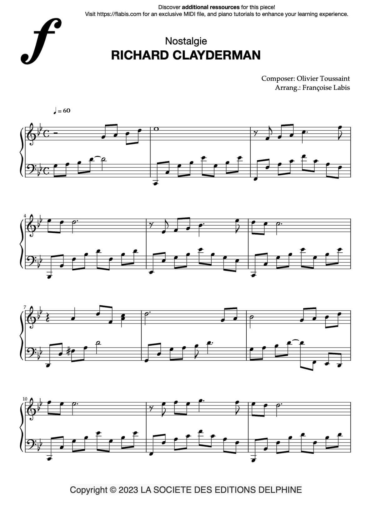 Nostalgie – RICHARD CLAYDERMAN – Piano Sheet Music