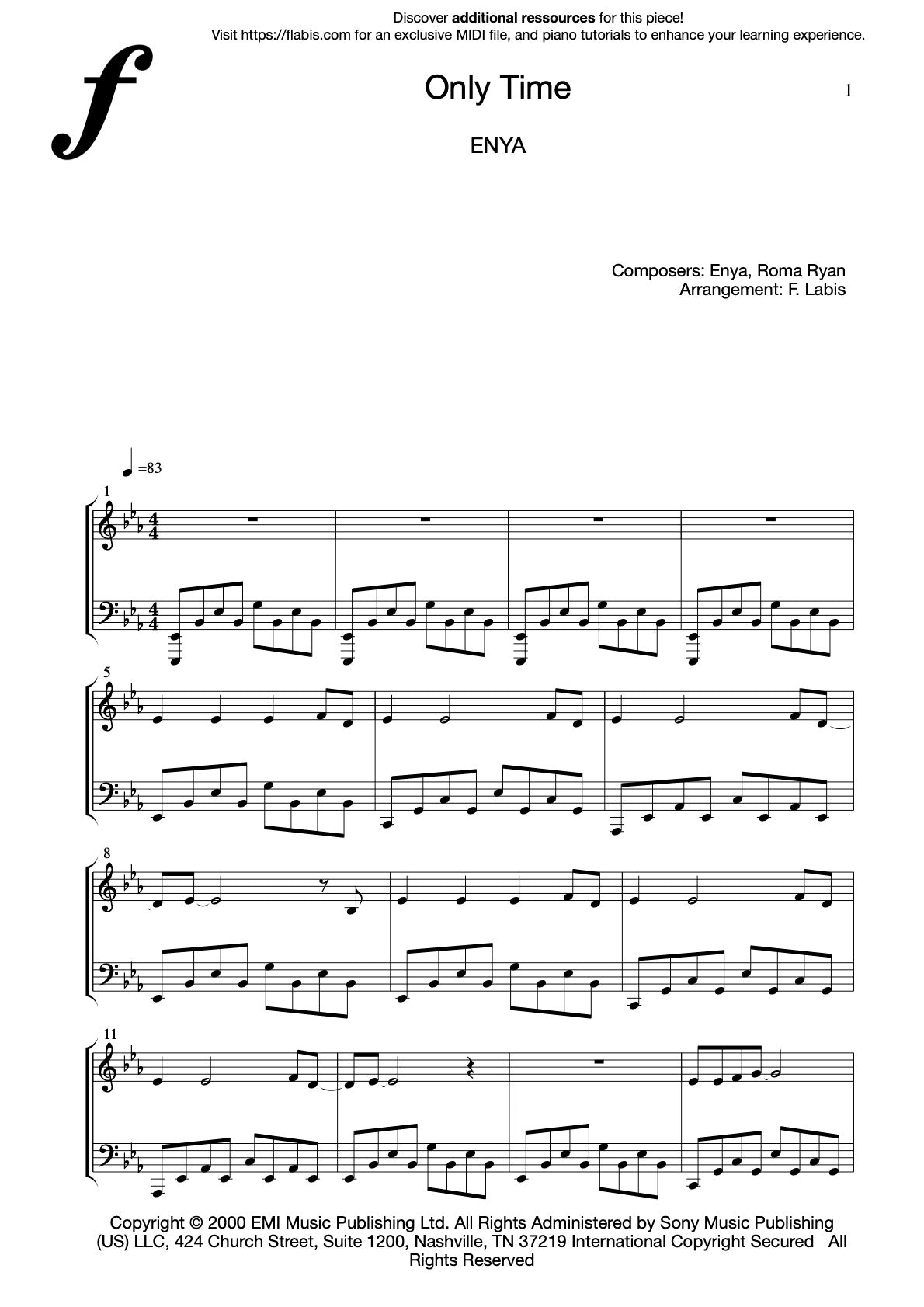 Only Time – ENYA – Piano Sheet Music