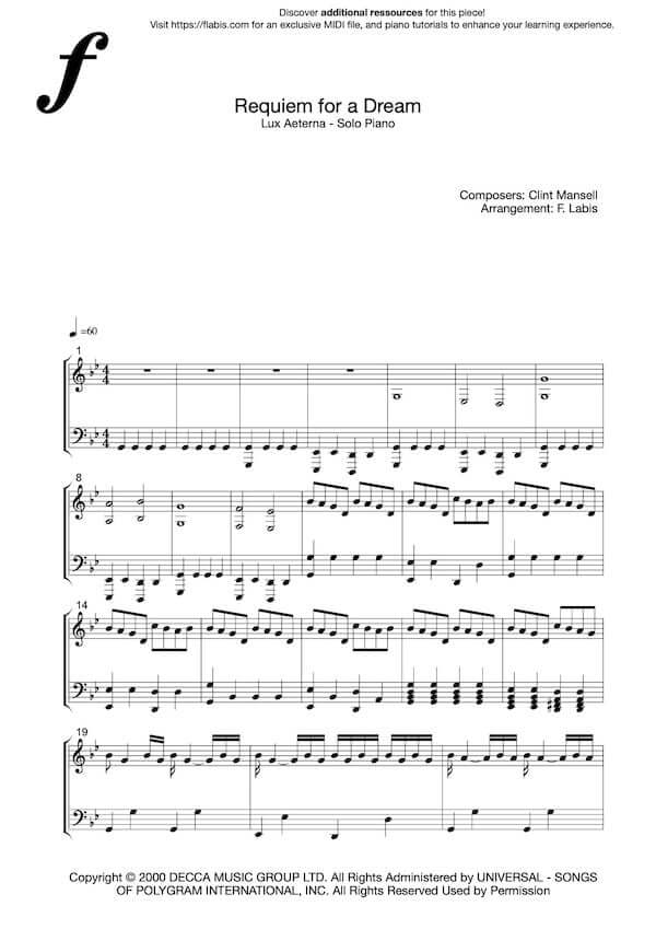 Requiem for a dream – Lux Aeterna – CLINT MANSELL – Piano Sheet Music