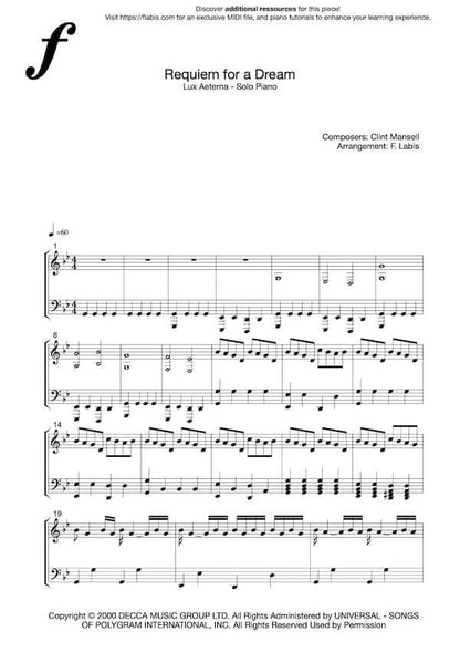 Requiem for a dream – Lux Aeterna - SOLO Version – Piano Sheet Music (PDF Download)