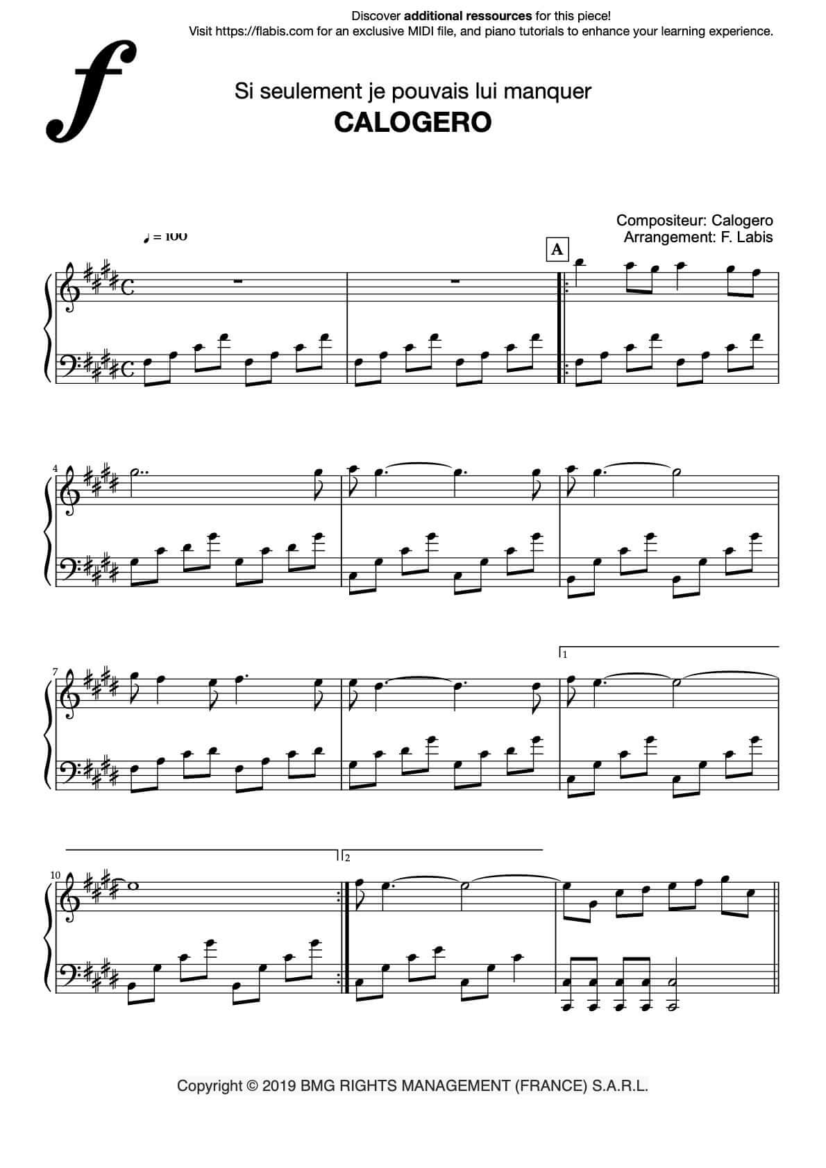 Si seulement je pouvais lui manquer – Piano Sheet Music (PDF Download)