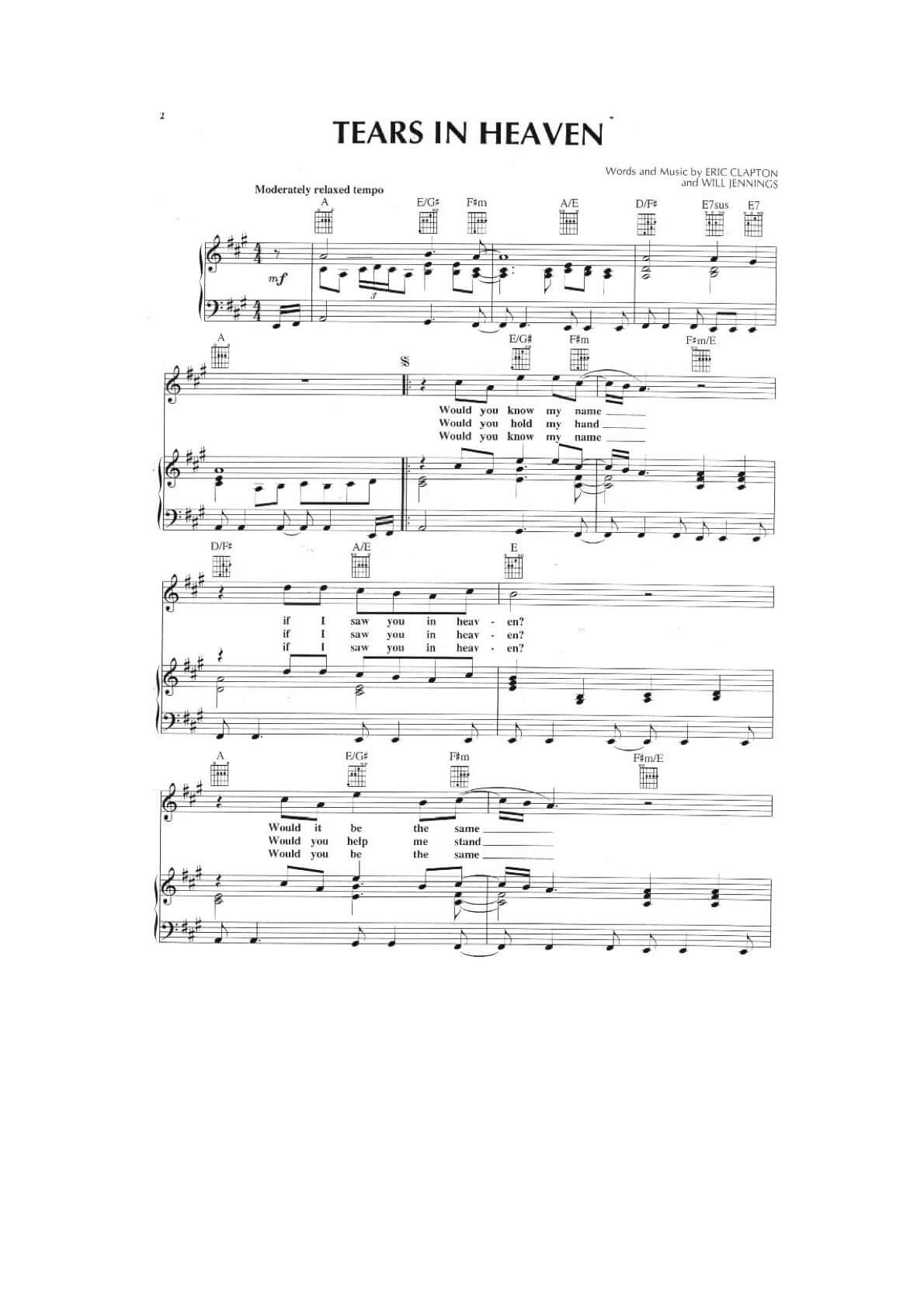Tears in Heaven – ERIC CLAPTON – Piano Sheet Music