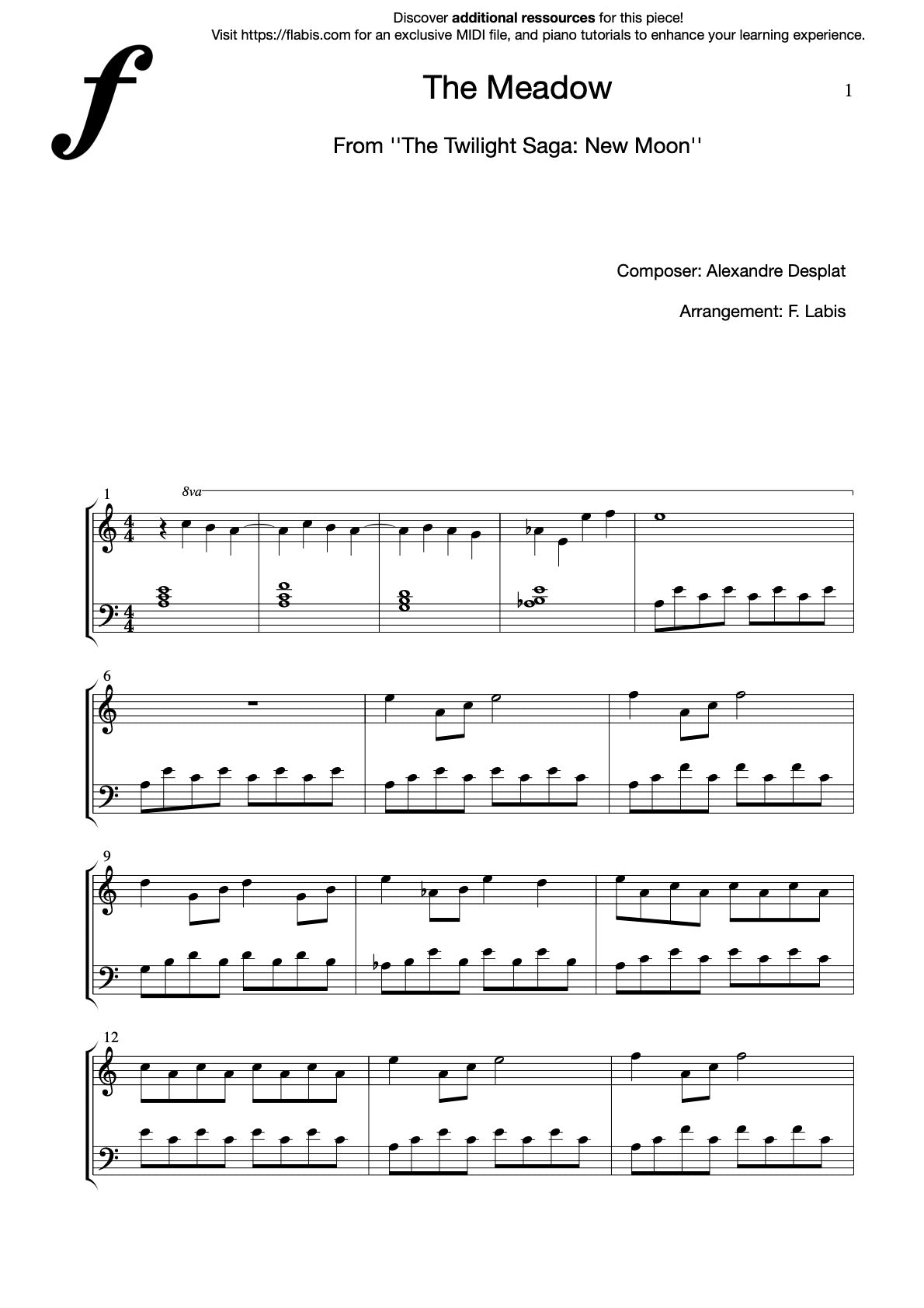 The Meadow (Twilight Saga: New Moon) – ALEXANDRE DESPLAT – Piano Sheet Music