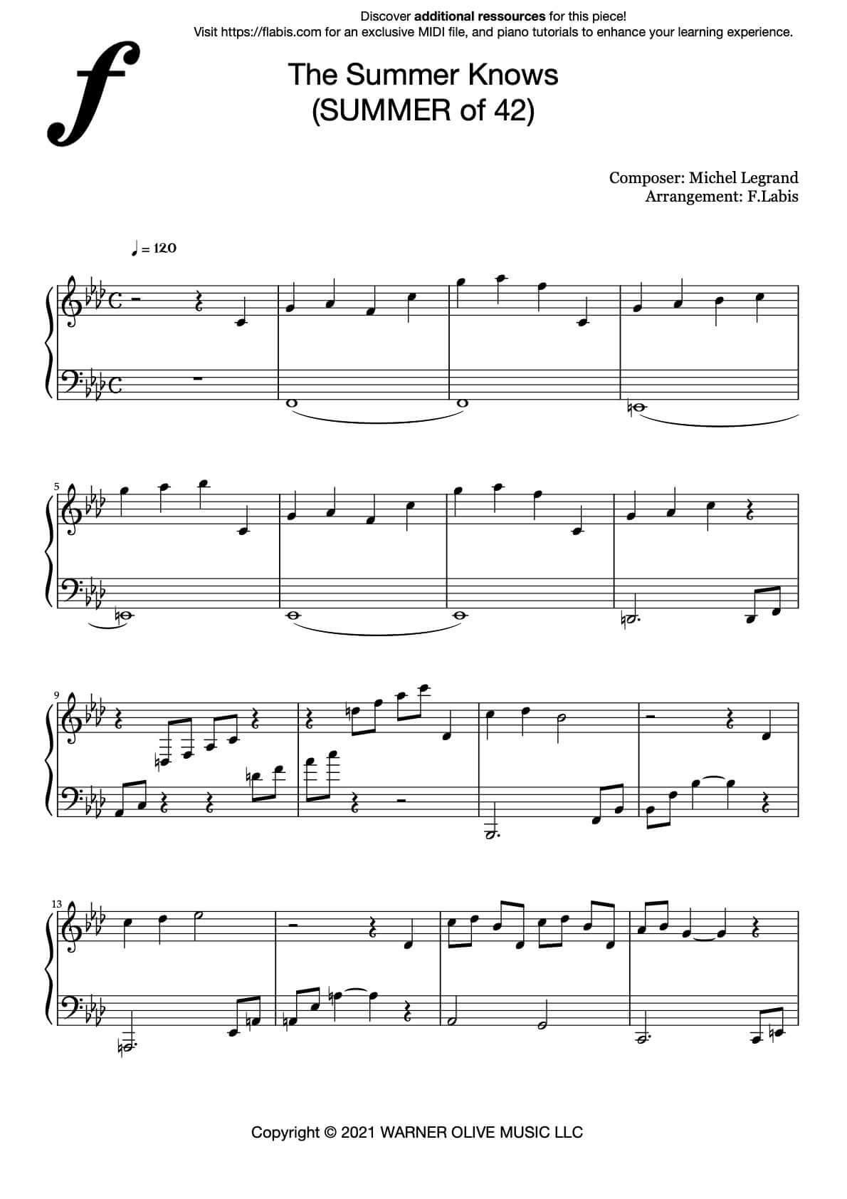 Summer of '42 - The Summer Knows – Piano Sheet Music (PDF Download)