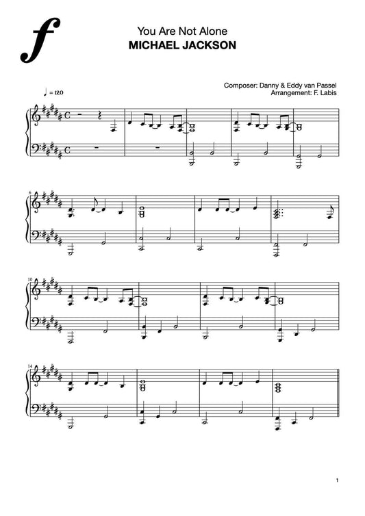Sheet music for 'You Are Not Alone' by Michael Jackson, exclusive arrangement available on Musicnotes.com.