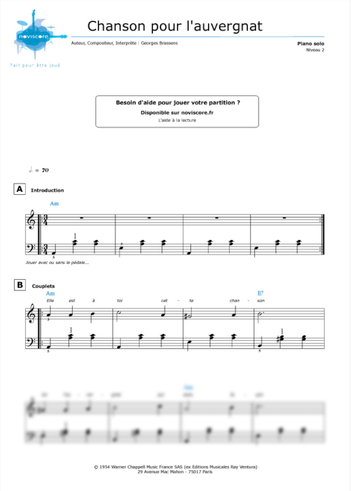 Chanson pour l’Auvergnat – GEORGES BRASSENS – Piano Sheet Music