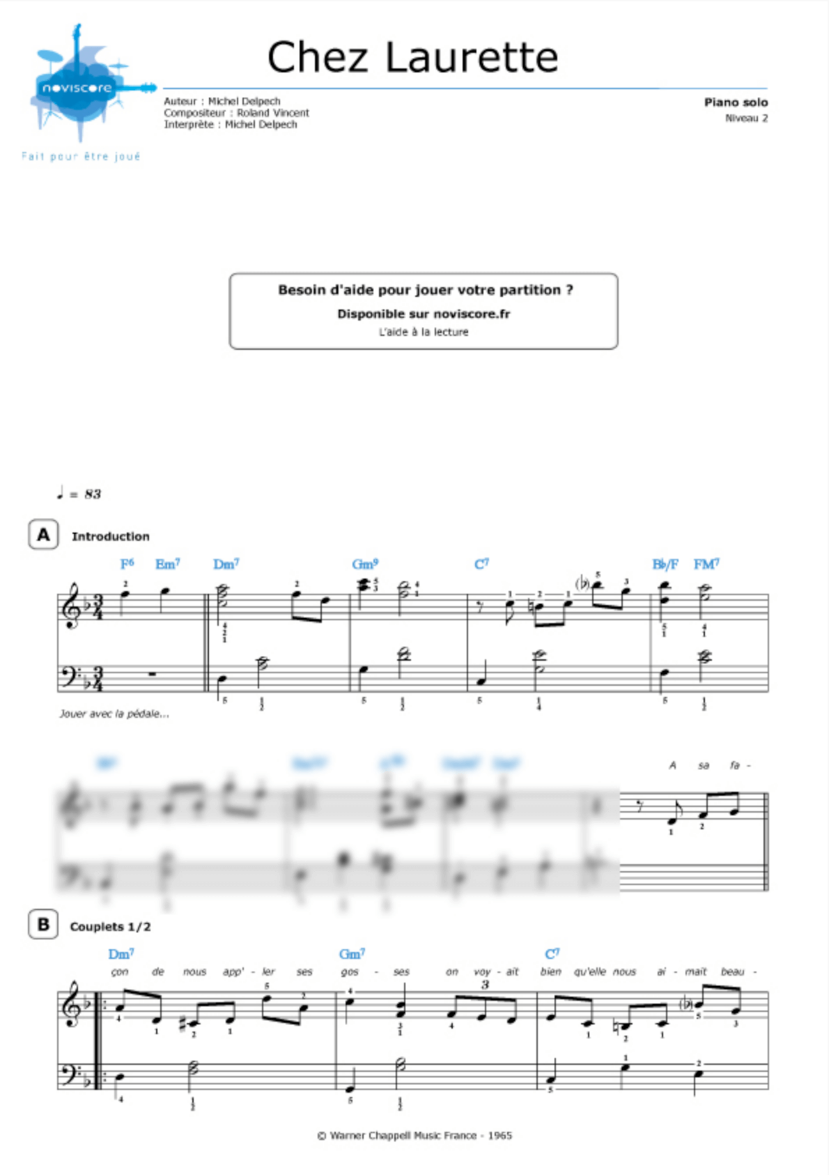 Chez Laurette – MICHEL DELPECH – Piano Sheet Music