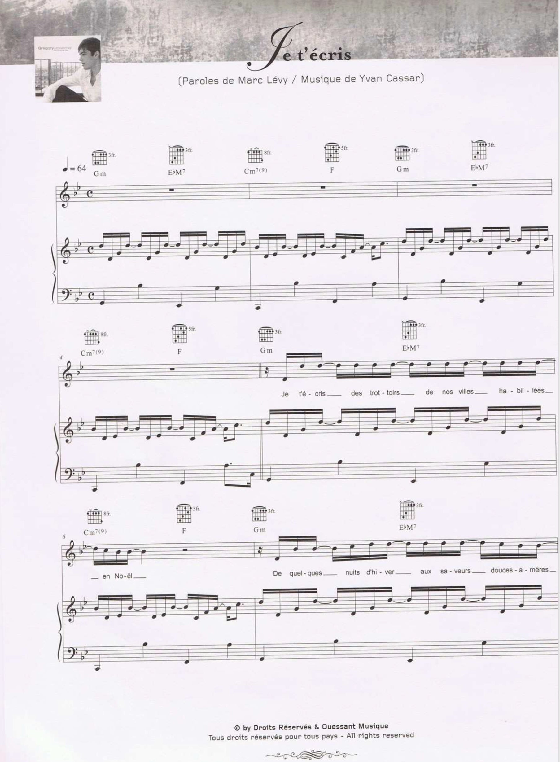 Je t’écris – GREGORY LEMARCHAL – Piano Sheet Music